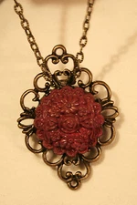 Delightful Scallop Brasstone Raised Burgundy Flower Bouquet Pendant Necklace Pin
