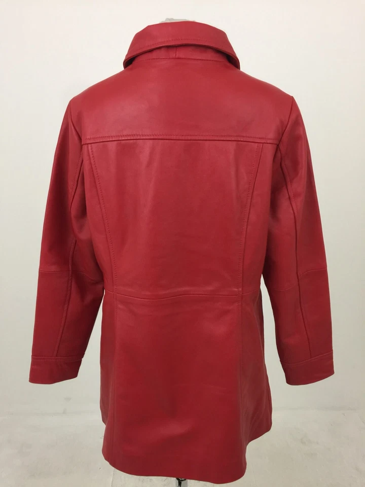 Real Leather Women's Jacket Size L Red Collared Lined Pockets Buttons New F1 - Image 3 of 4