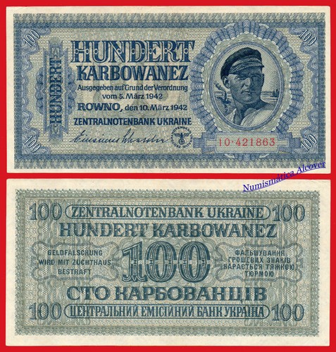 UKRAINE UCRANIA OCUPACIÓN NAZI 100 Karbowanez 1942 Pick 55 SC- / aUNC - 第 1/1 張圖片