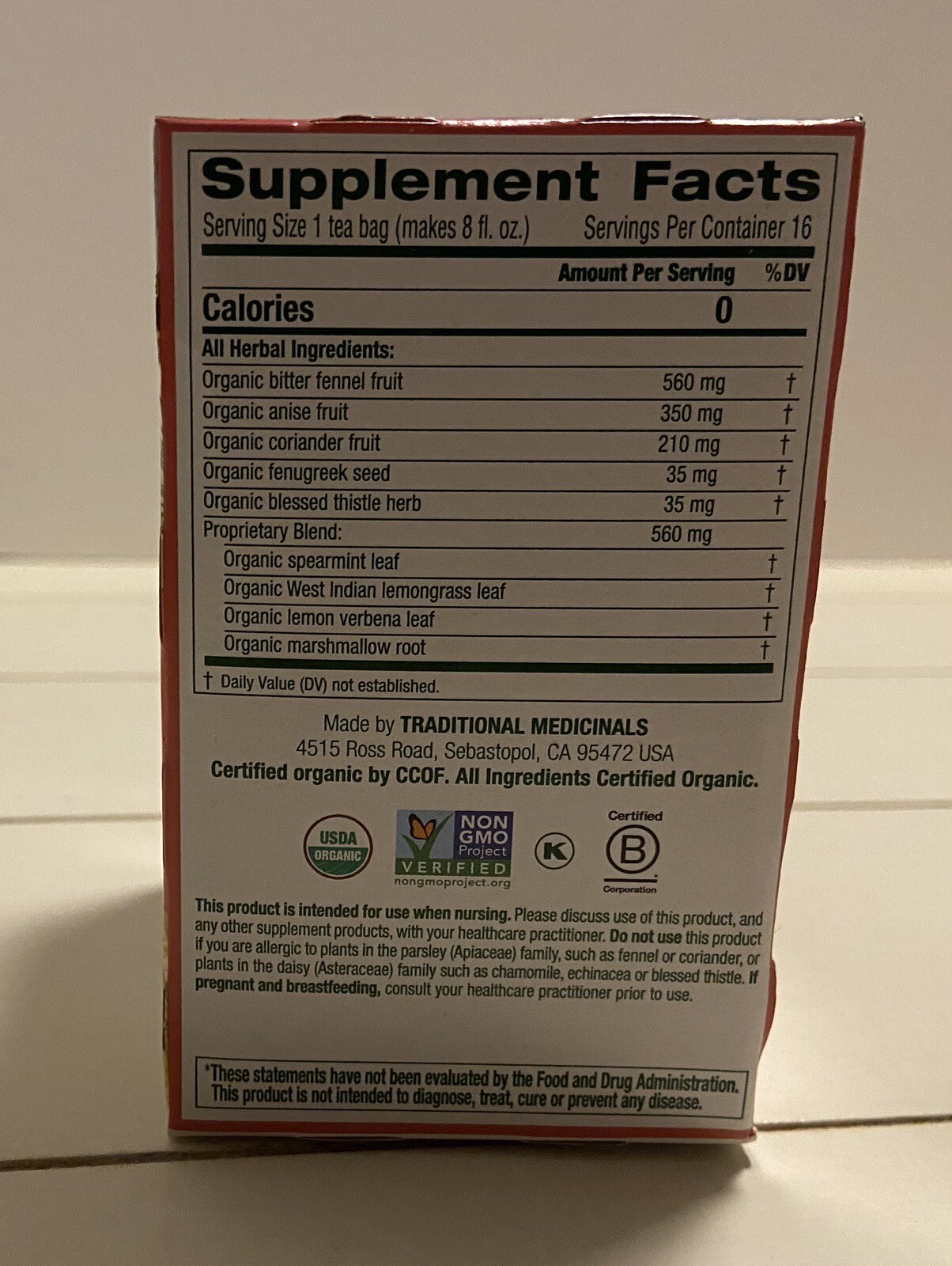 16 Wrapped Organic Mothers Milk Tea Bags Fennel and Fenugreek Caffeine