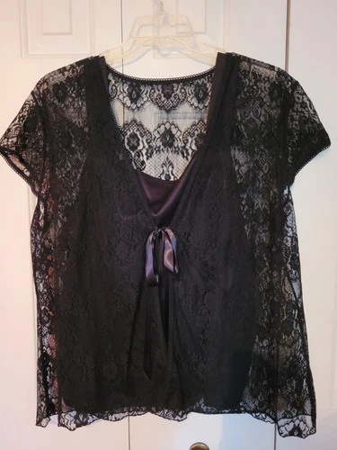 Worthington Ladies Top Size 2x Black Lace Short Sleeve Blouse 2 Piece Layered