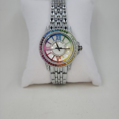Diamonique Rainbow Simulated Gemstones Bracelet Watch Silvertone Stainless Steel