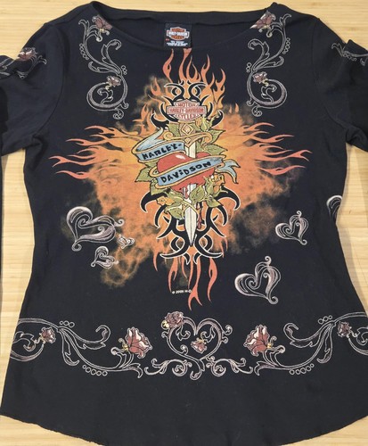 Harley-Davidson Shirt Damen 2XL Langarm Tattoo Herz Blumen Flammen 2005 - Bild 2 von 6