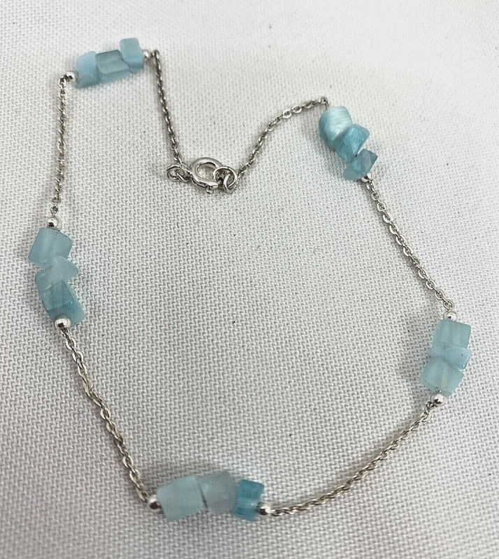 Handmade  Sterling Silver .925 Blue Cat's Eye Chip 9 1/4" Anklet Ankle Bracelet