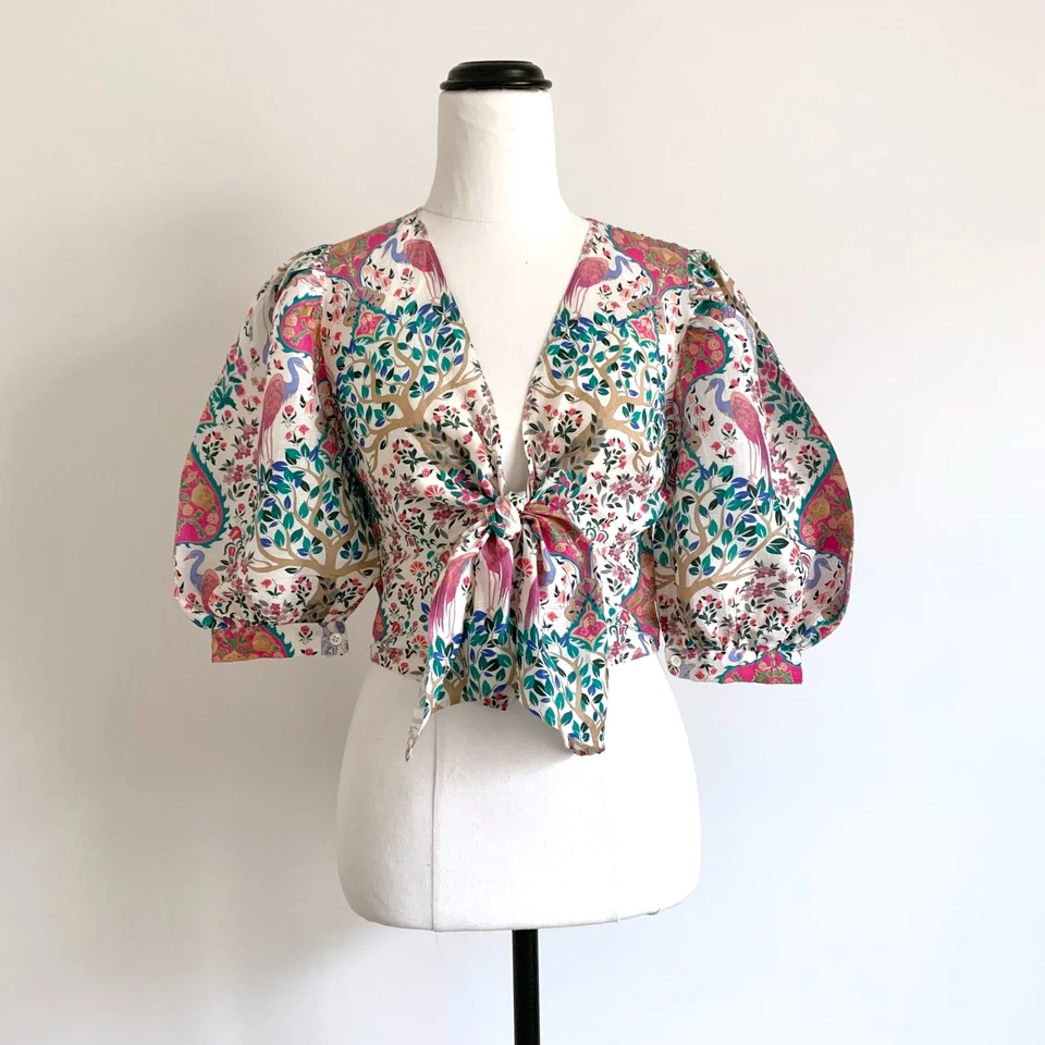SANDRO Iram folk pavo real floral seda lino manga abullonada crop top talla 1 Foto 2 de 4