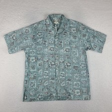 GO Barefoot Shirt Mens Medium Teal Blue Floral Hawaiian Button Up USA MADE