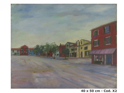 Landscape Venice Burano Laguna Old Painting Oil On Board Vintage X2