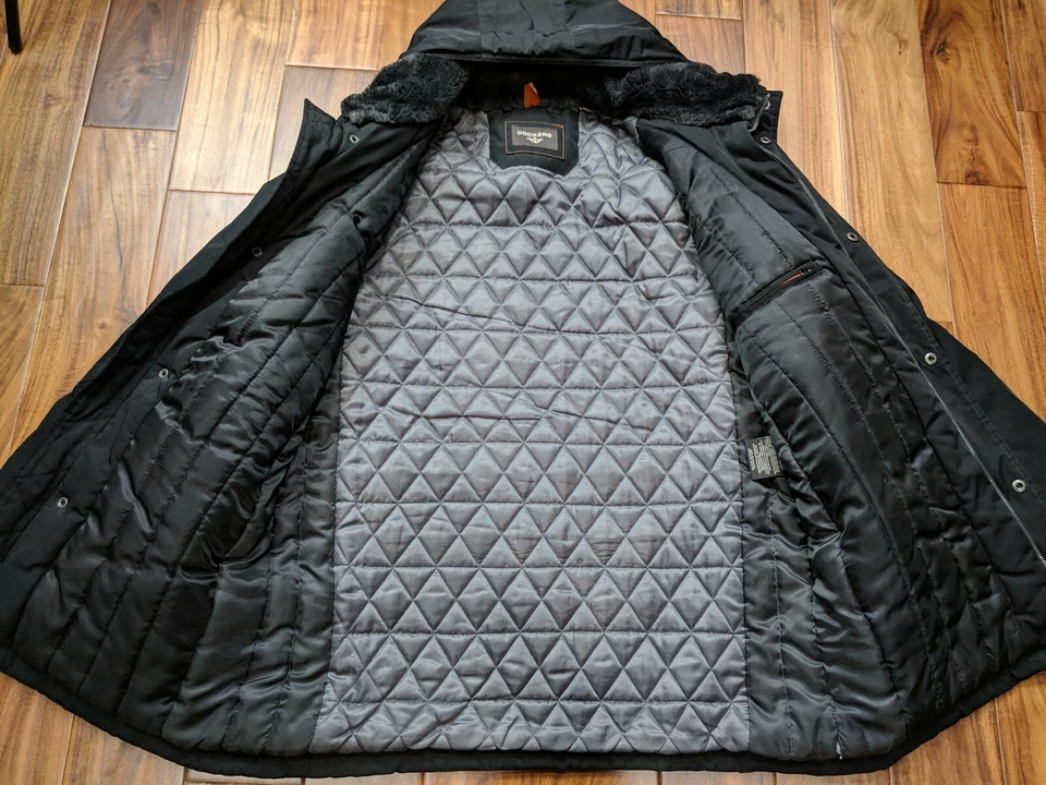 Abrigo Chaqueta Parka Dockers Para Hombres Con Capucha Negro Acolchado Piel Aislada Volantes Con Capucha XL Foto 3 de 4