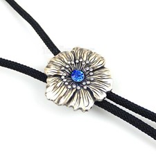 Women's Flower Bolo Tie Blue Rhinestones Real Silver Plated 36" Adjustable Cord 