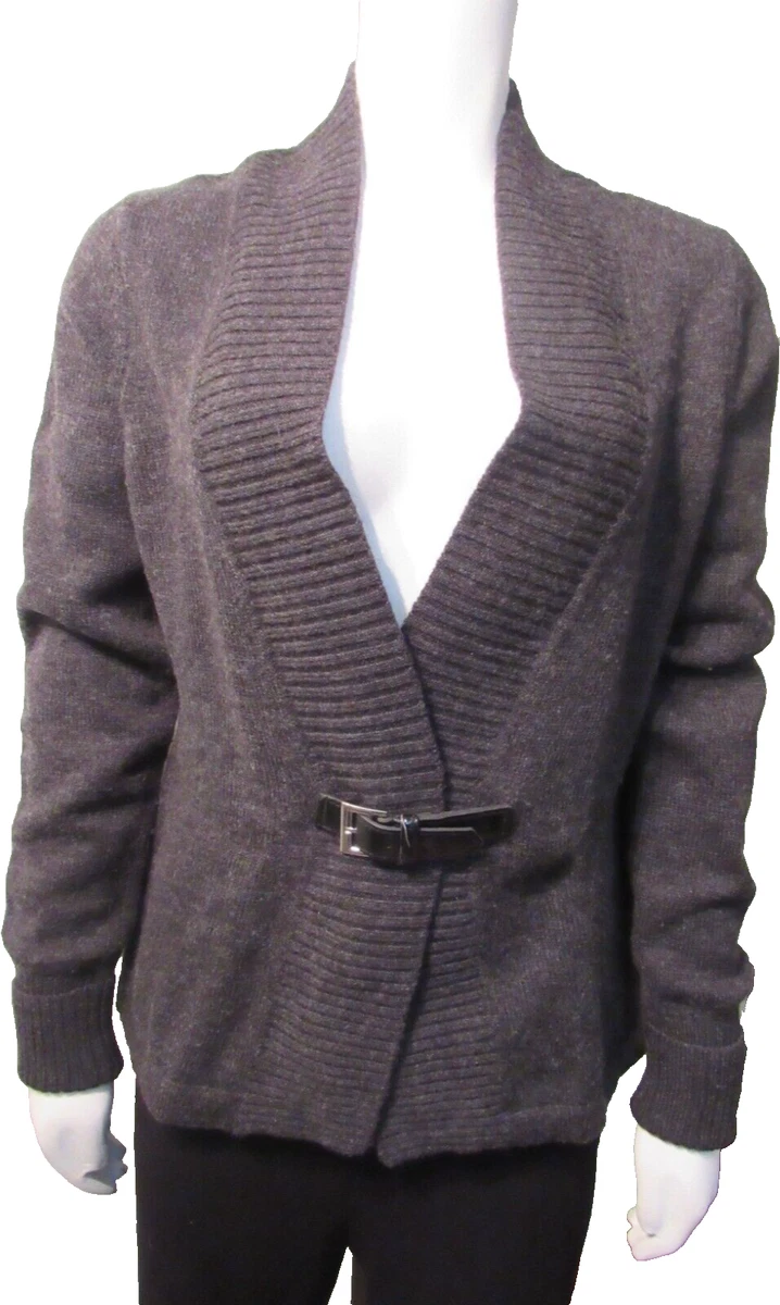 Carole Little 100 Merino Wool Cardigan Sweater Buckle Closure Gray Modern Sz M
