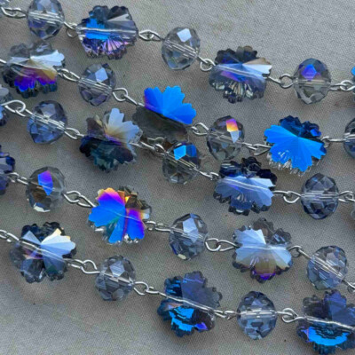 Blue Snowflake Crystal Beaded Rosary Silver Eyepin Chain 10-14mm 1ft Per Pkg