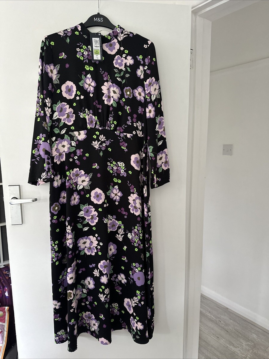 M&S Black Purple Flower Maxi Dress Size Uk 12 BNWT UK