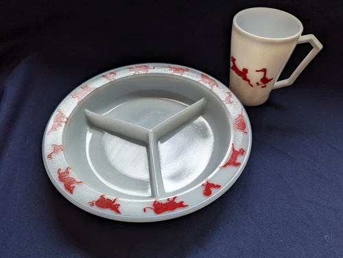 Hazel Atlas Milk Glass Child's Divided Plate and Cup Set red barnyard animals
