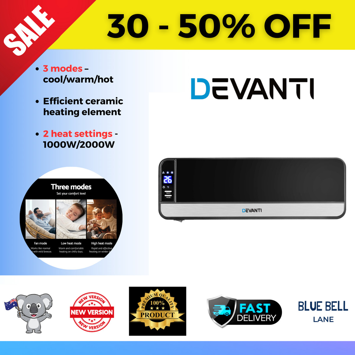 Devanti Electric Wall Mounted Panel Heater 2000W LED Swing Timer Remote  Control | eBay