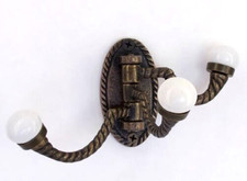 Vintage Brass with Porcelain KnobS Wall HANGER Towel Coat TRIPLE SWING Hooks