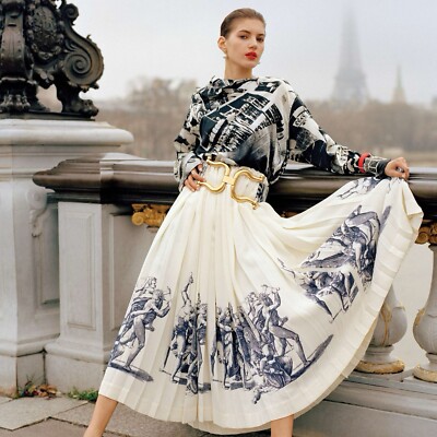 CELINE ETCHING PRINT SILK MIDI PLEATED WRAP SKIRT SIZE 40 BY  