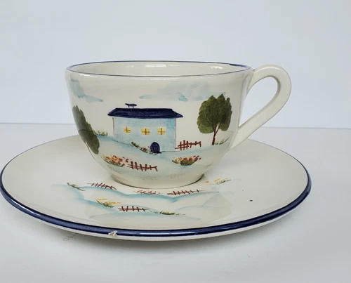 Vintage Market Place Hand Painted Made In Italy Tea Cup And Saucer  12oz 1987