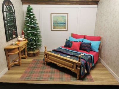 Dolls House Navy Word Christmas Double Bed Linen Set | 1:12th Scale