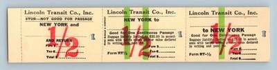 Lincoln Transit Co Inc 30. Juli 1958 New York Hin- und Rückfahrt Halbtax Bus Ticket Stempel