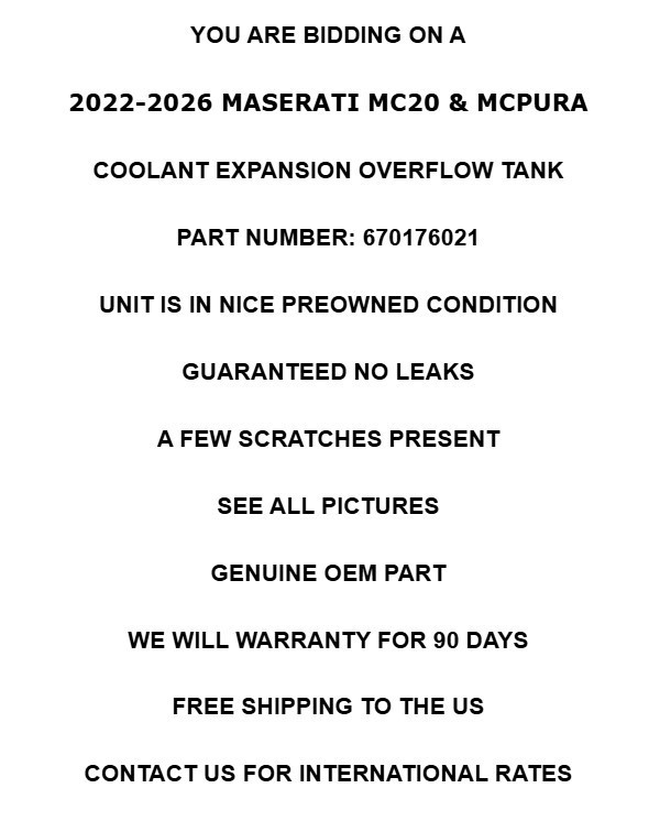 2022-2026 Maserati MC20 MCPura Coolant Reservoir Expansion Tank Bottle 1500 Mi