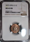 NGC MS-63 RB 1873 Open 3 Indian Head Cent, Razor-Sharp, PQ, Red-Brown specimen!