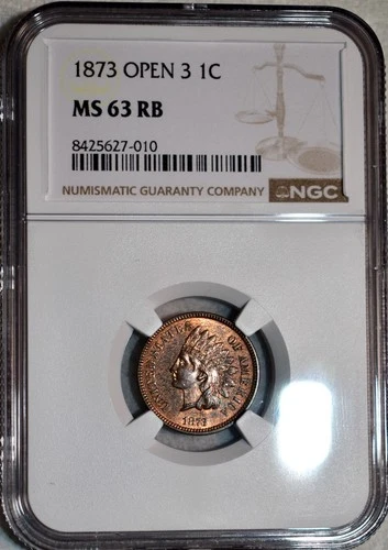 NGC MS-63 RB 1873 Open 3 Indian Head Cent, Razor-Sharp, PQ, Red-Brown specimen!