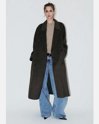 $299 NEW Zara Wool Blend Double Breasted Long BLACK Coat M-L Jacket New with Tag