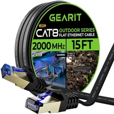 Gearit Cat 8 Outdoor Flat Ethernet Cable (15Ft, Black) Direct Burial Rated LLDPE
