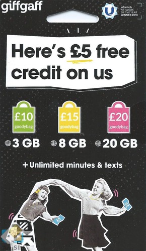 Giffgaff Giff Gaff Nano/Micro/Standard 3 in 1 SIM FREE £5 Credit Unlimited Data  - Afbeelding 1 van 3