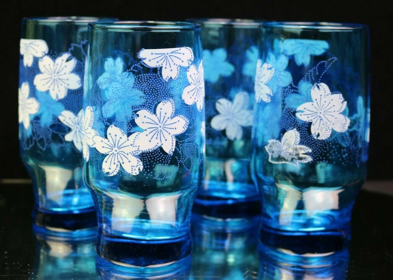 Vintage 4 Capri Turquoise Blue Glass Tumblers White Flowers Signed Pat Au