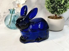 Cobalt Blue Depression Style Glass Bunny Rabbit Covered Candy Dish, Vintage