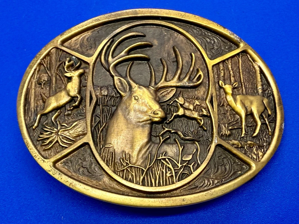 Deer Elk Buck Doe Wildlife Nature Scene Hunting Brass Tone 