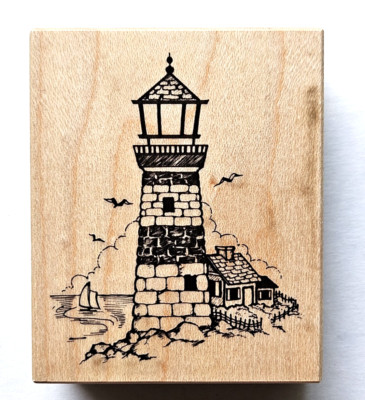 PSX Lighthouse Coastal Nautical Scene Beach Sea Boat Birds Rubber Stamp F-1145