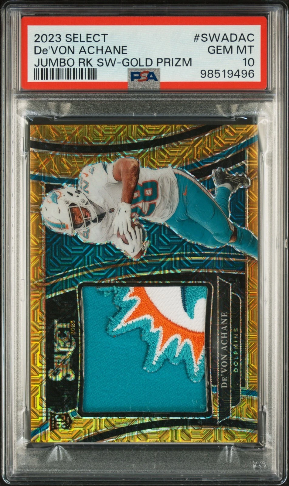De'Von Achane Panini Select Jumbo Rookie Swatches #SWADAC Gold