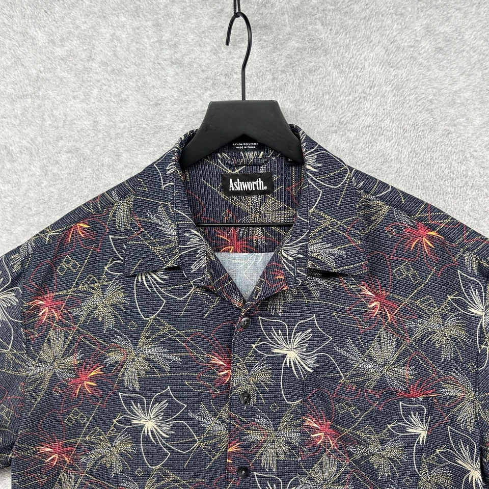 Рубашка мужская Ashworth XL с коротким рукавом на пуговицах для боулинга лагеря темно-синяя с цветочным узором для гольфа - Изображение 4 из 4