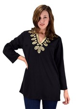 Summer Womens Boho Embroidered Cover-up Beachwear Black Gold Large