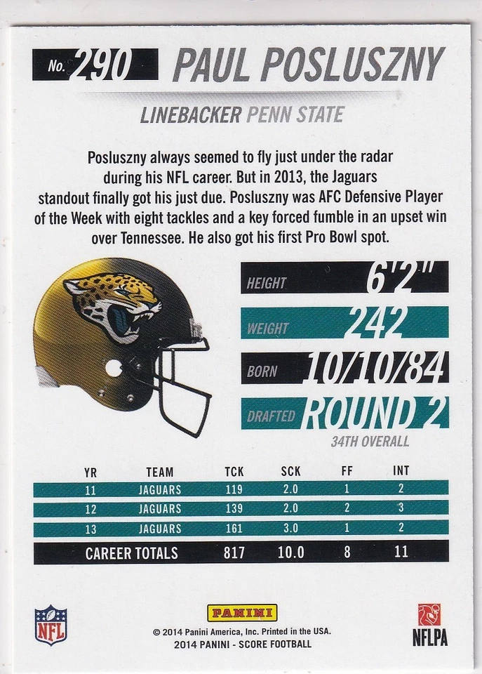 PAUL POSLUSZNY 2014 Panini Hot Rookies Gold Zone #290 41/50 Jaguars - Image 2 of 2