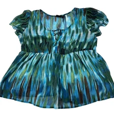 ANA A New Approach Women Babydoll Tunic Top Size L Green Blue Sheer Flowy FLAW