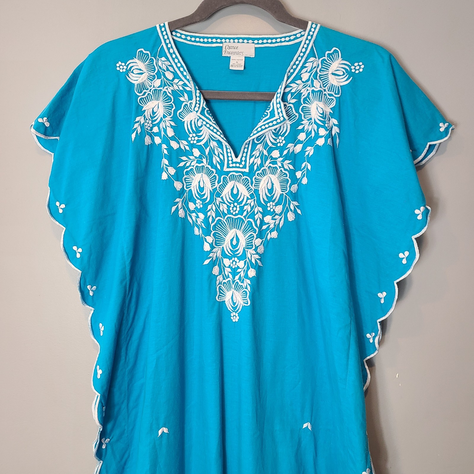 Vtg Kaftan Floral Embroidered Cottage Maxi Dress Sz Small Resort Cover Up Blue