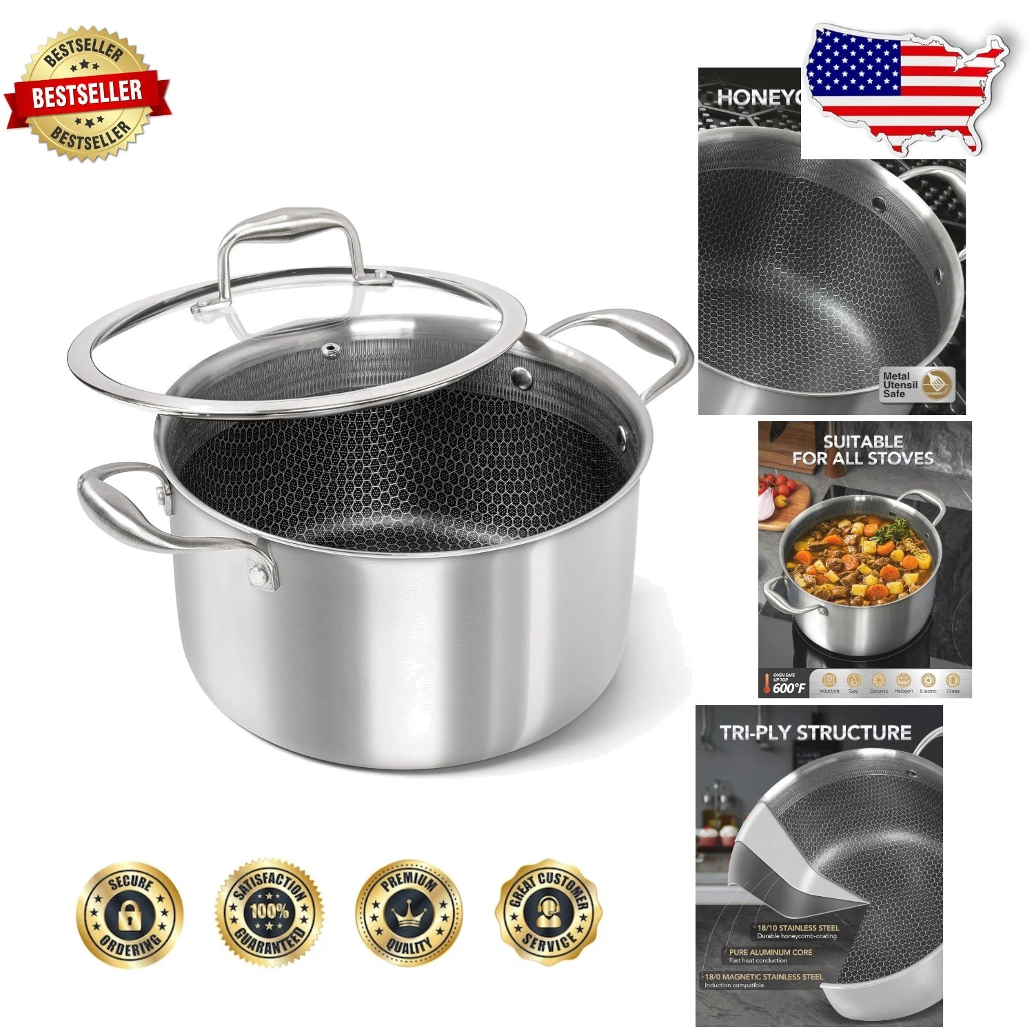 Versatile 6 Quart Stockpot, Tri-Ply Steel, Oven Safe, Metal Utensil Safe