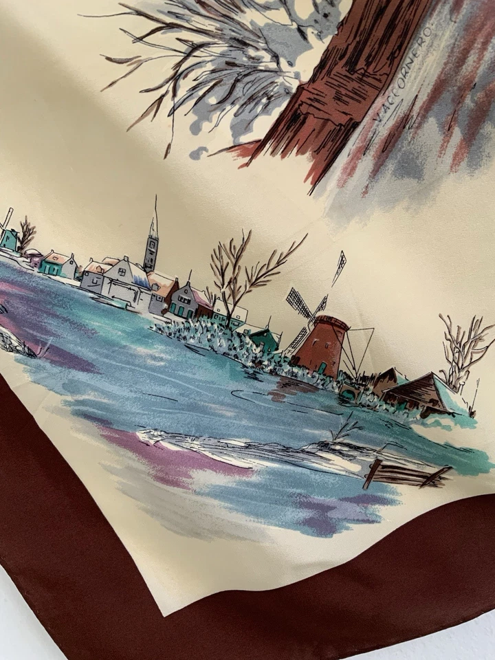 GUCCI silk Brown Scarf W/A Scenic Pattern Featuring The Winter,HandRolled35”/34” - Image 4 of 4