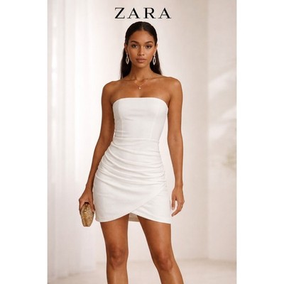 Zara White Strapless Ruched Mini Dress NWT Bodycon XL | eBay