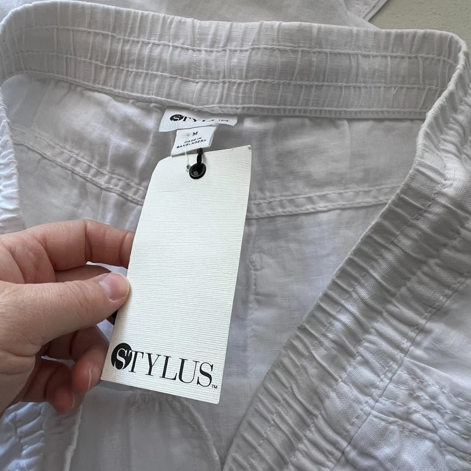 Pantalones de lino Stylus para mujer medianos blancos pierna recta cordón cintura preppy Foto 3 de 4