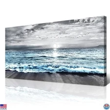 Large Canvas Wall Art Black & White Beach Wave Print Framed Home Decor