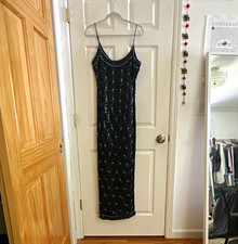 Vintage Papell Boutique Evening 100 Silk Beaded Floral Maxi Gown Dress Black