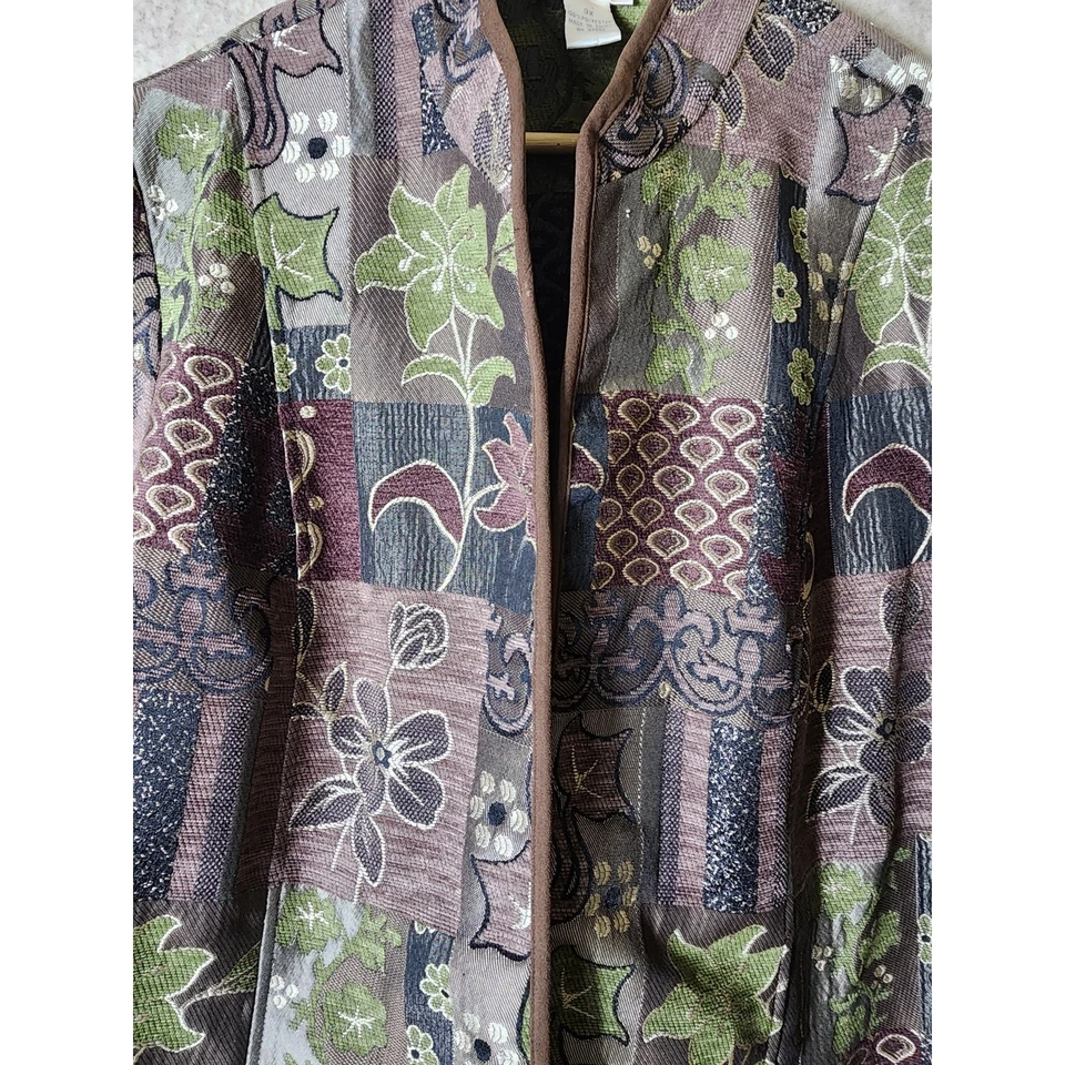 Chaqueta PRESWICK & MOORE Marrón Patchwork Tapiz Tejido Cuadrado Frente Abierto Talla 3X Foto 2 de 4