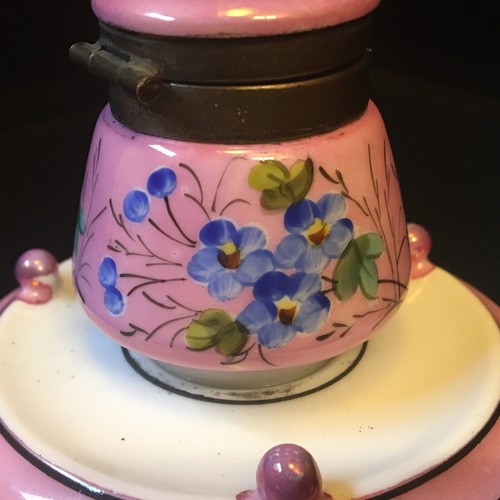 Vintage Hand Painted Pink & White With Blue Flowers Ceramic Ink Well Trinket Box - Picture 12 of 15
