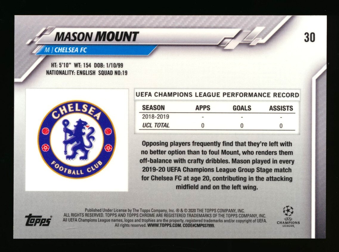 2019-20 TOPPS CHROME UEFA #30 MASON MOUNT RC SPECKLE