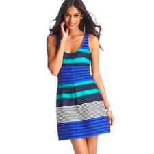Ann Taylor Loft Blue Teal Navy Stripe Fit Flare Sleeveless Mini Dress XS 0