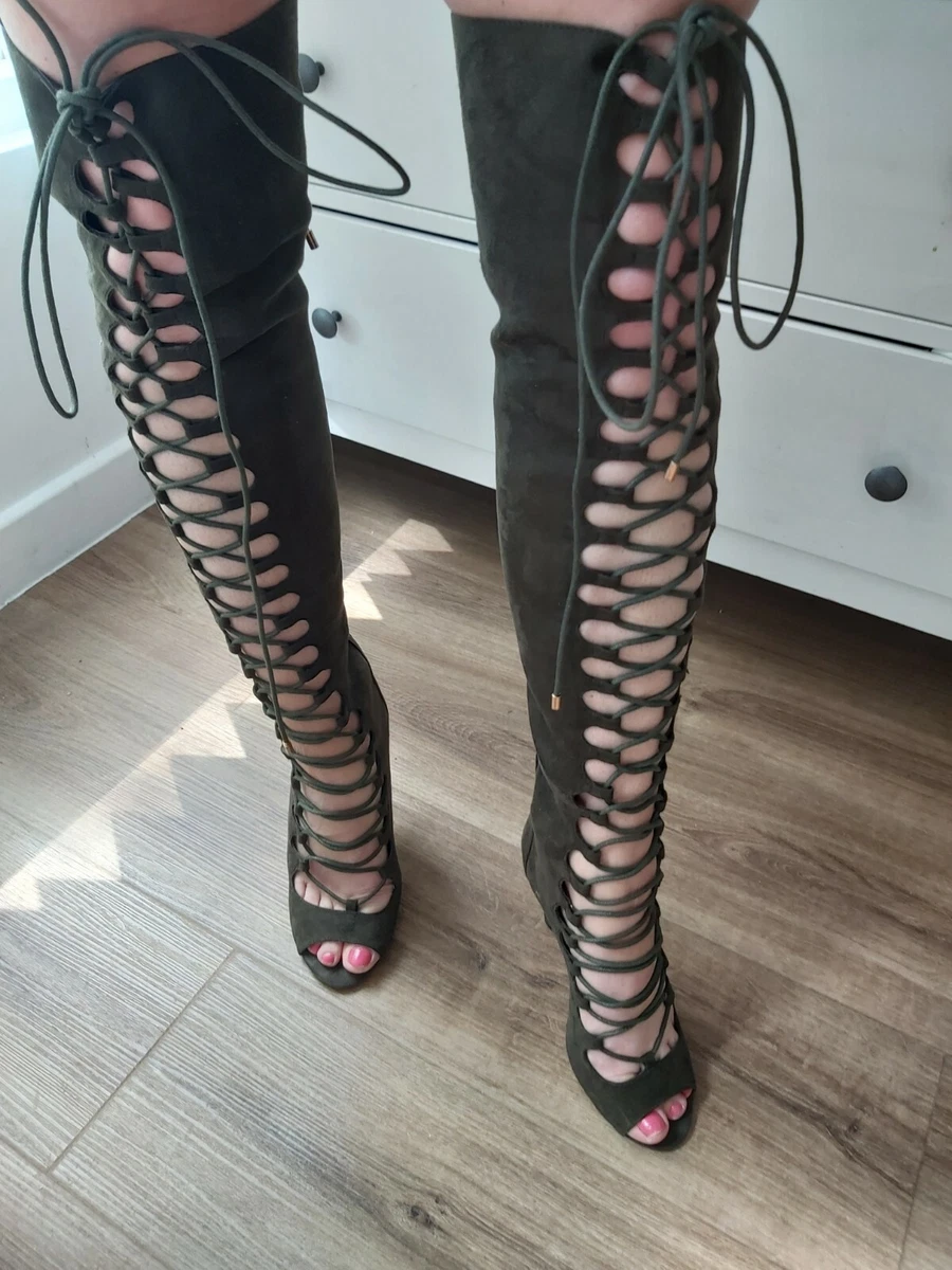 River Island Thigh High Boots Green Suede Peep Toe Lace up Stilletto Heel UK 5